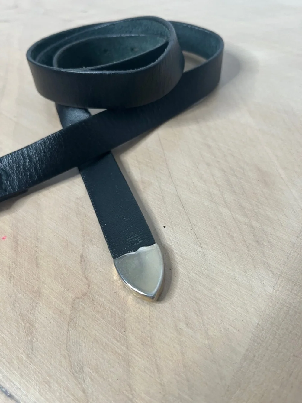 Thin Black Leather Belt with Silver Tone Hardware Distinctive Buckle and tip M